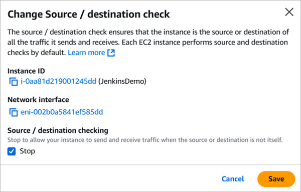 Screen shot of the Enable Source/Destination Check dialog box