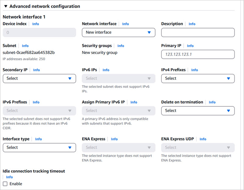 Screen shot of the Advanced Network Configuration section in the EC2 Launch Wizard