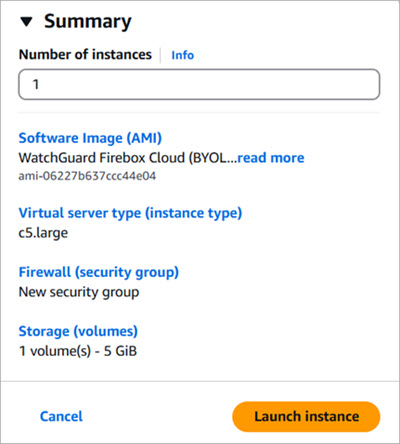 Screen shot of the Summary side panel in the EC2 Launch Wizard