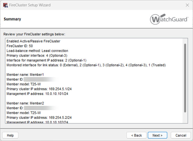 Screen shot of the FireCluster Setup Wizard - finish page