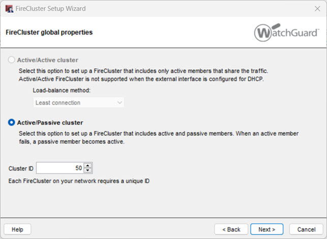 Screen shot of the FireCluster Wizard global properties page