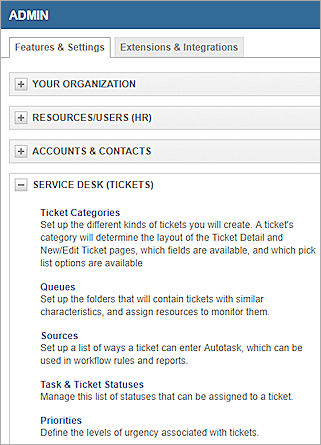 Screen shot of the Autotask Service Desk Tickets section
