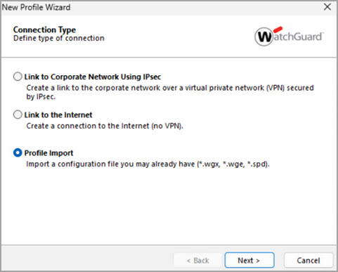 Screen shot of import profile options