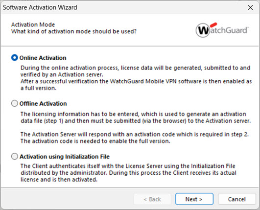 Screen shot of the Software Activation Wizard, License Mode step