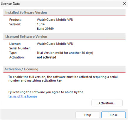 Screen shot of the License Data dialog box for a client that is not activated