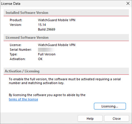 Screen shot of the License Data dialog box for an activated client