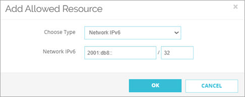 Screen shot of the Add Allowed Resource dialog box for a Network IP address