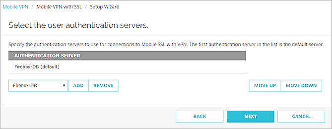 Screen shot of the authentication settings in the wizard