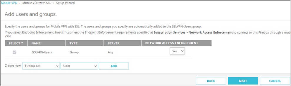 Screen shot of the users and groups settings in the wizard