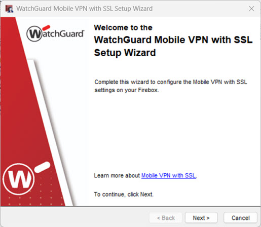 Screen shot of the first page of the Mobile VPN with SSL wizard
