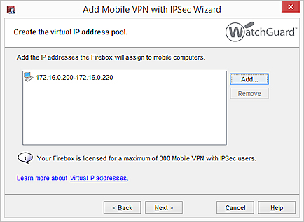 Screen shot of the Create the virtual IP address pool wizard dialog box