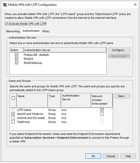 Screen shot of the Mobile VPN with L2TP Authentication tab in Fireware v12.5 or higher