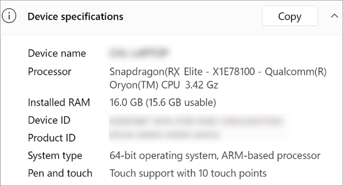 Screenshot of the Windows Device Specifications user interface