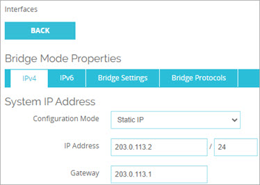 Screen shot of the System IP address settings in Bridge Mode