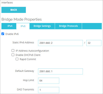 Screen shot of the Bridge Mode Properties page for IPv6