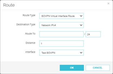 Screen shot of the Route dialog box for a BOVPN Virtual Interface Route