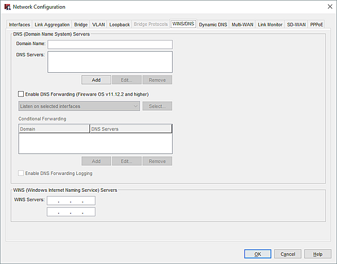 Screen shot of the Network Configuration dialog box WINS/DNS tab
