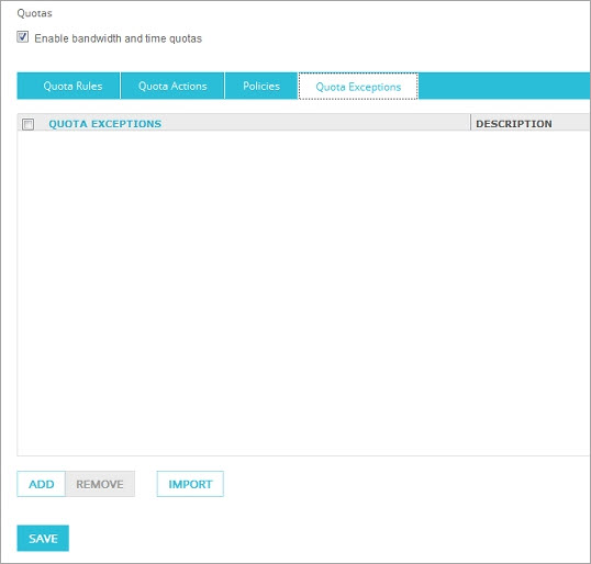 Quotas page - Quota Exceptions tab