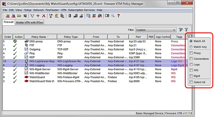 Screen shot of the Tags filter options list