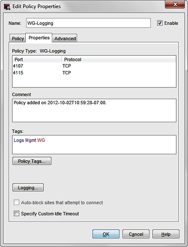 Screen shot of the WG-Logging policy Properties tab
