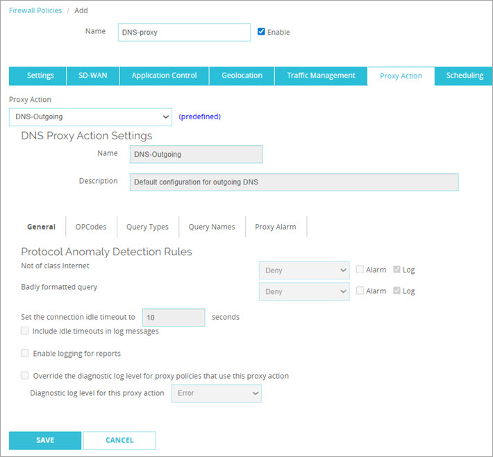 Screen shot of the Proxy Action page for the DNS- proxy in Fireware Web UI