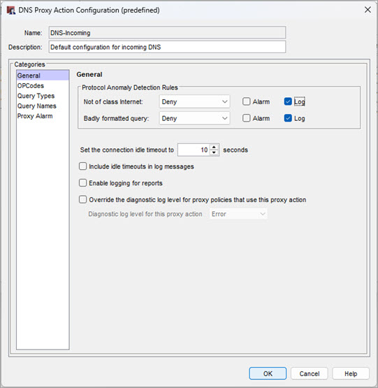 Screen shot of the DNS Proxy Action Configuration dialog box — General page