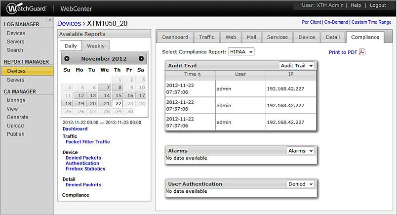 Screen shot of a HIPAA Compliance report