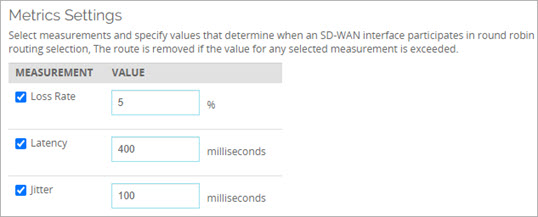 Screen shot of the metric settings for Round-Robin SD-WAN routing