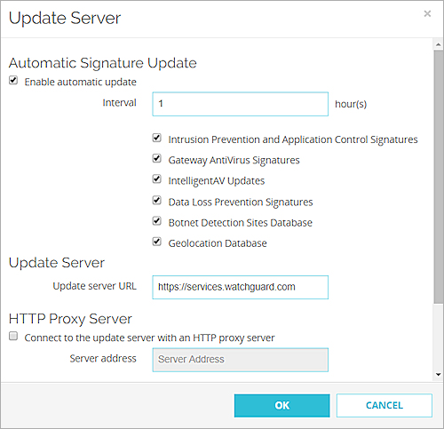 Screenshot of the Update Server dialog box