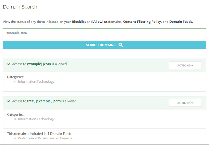 Screen shot of the Domain Search page with search results and actions