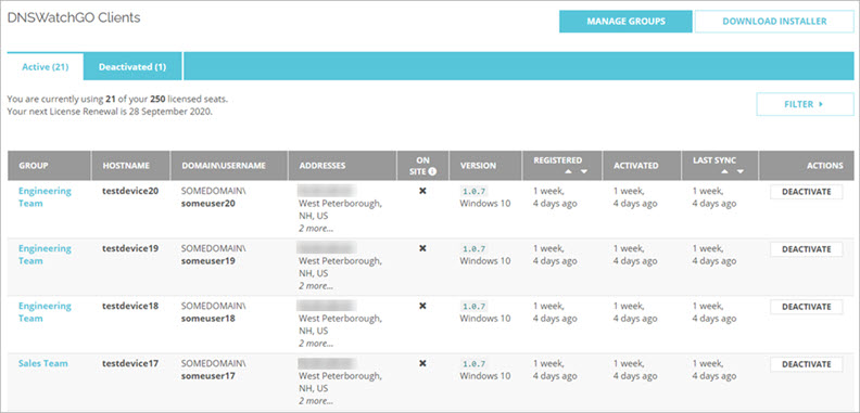 Screenshot of DNSWatchGO Devices page