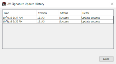 Screen shot of the AV Signature Update History dialog box