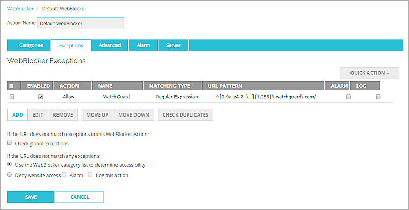 Screen shot of the WebBlocker Exceptions tab