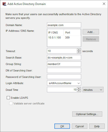 Authentication Servers dialog box - Active Directory tab