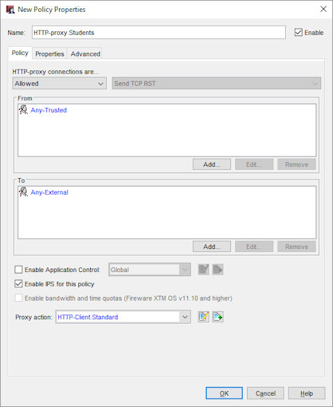 Screen shot of the New Policy Properties dialog box