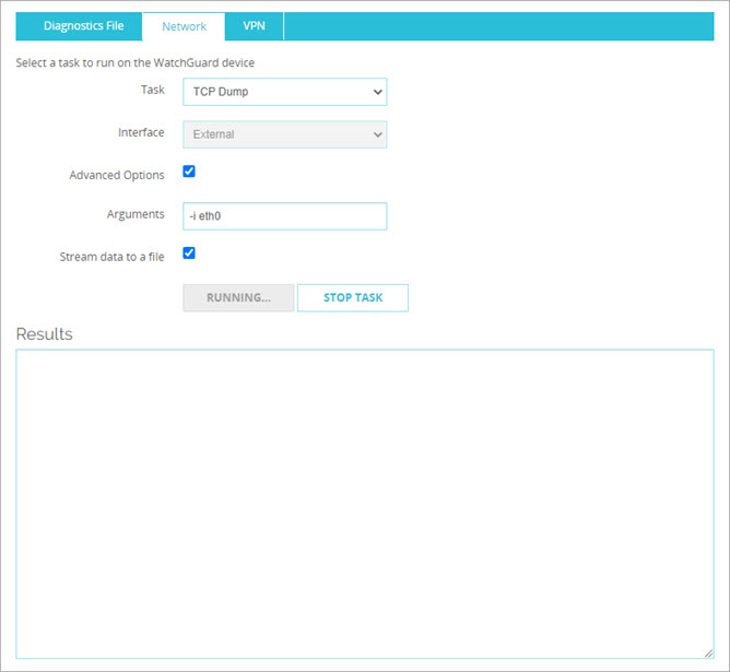 Screen shot of the TCP Dump task settings to generate a PCAP file
