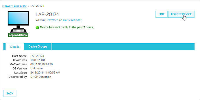 Screenshot of the Network Discovery Details with the Forget Device button