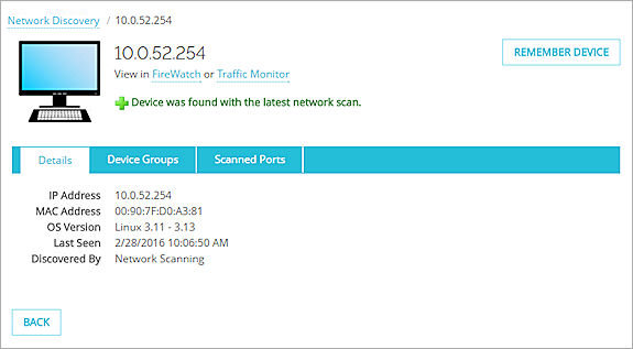 Screenshot of the Details page for a device found by a network scan