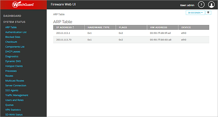 Screen shot of the System Status > ARP Table page