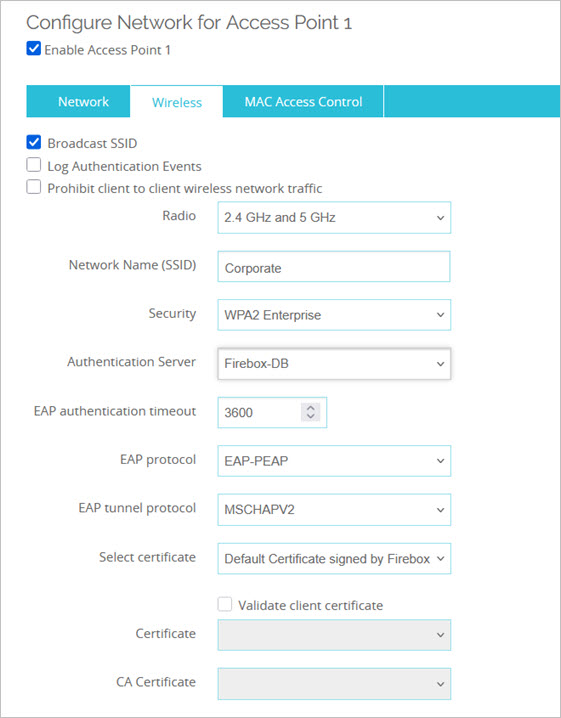 Screen shot of the Wireless tab with Firebox-DB authentication selected