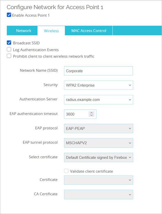 Screen shot of the Wireless tab Enterprise Authentication settings for Single Radio Firebox