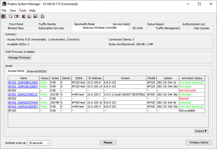 Screen shot of the Gateway Wireless Controller page, Access Points tab