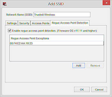 Screen shot of SSID - Rogue Access Point Detection dialog box in Policy Manager