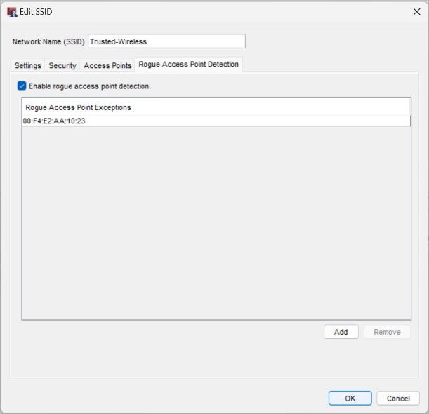 Screen shot of SSID - Rogue Access Point Detection dialog box in Policy Manager