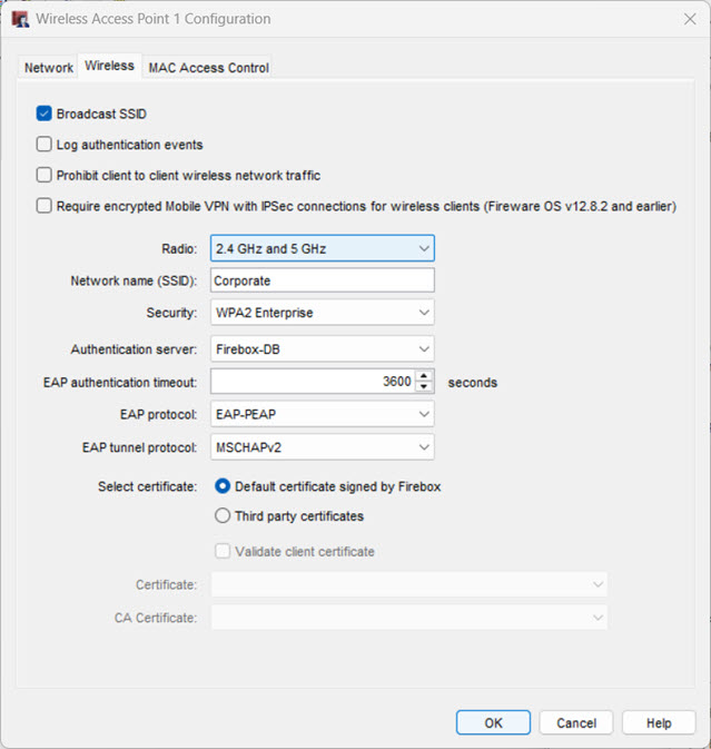 Screen shot of wireless settings page