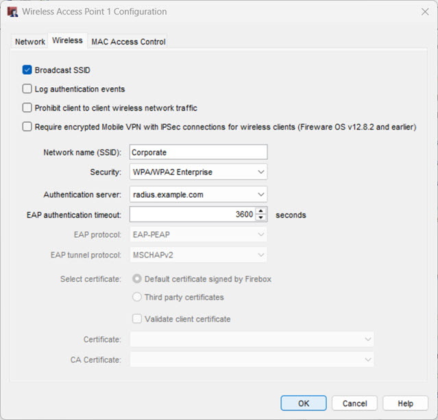 Screen shot of the Wireless tab Enterprise Authentication settings for Single Radio Firebox