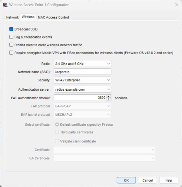 Screen shot of the Wireless tab Enterprise Authentication settings for Dual Radio Firebox