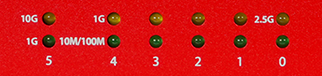 Photo of the network port LED indicators on the front of the device