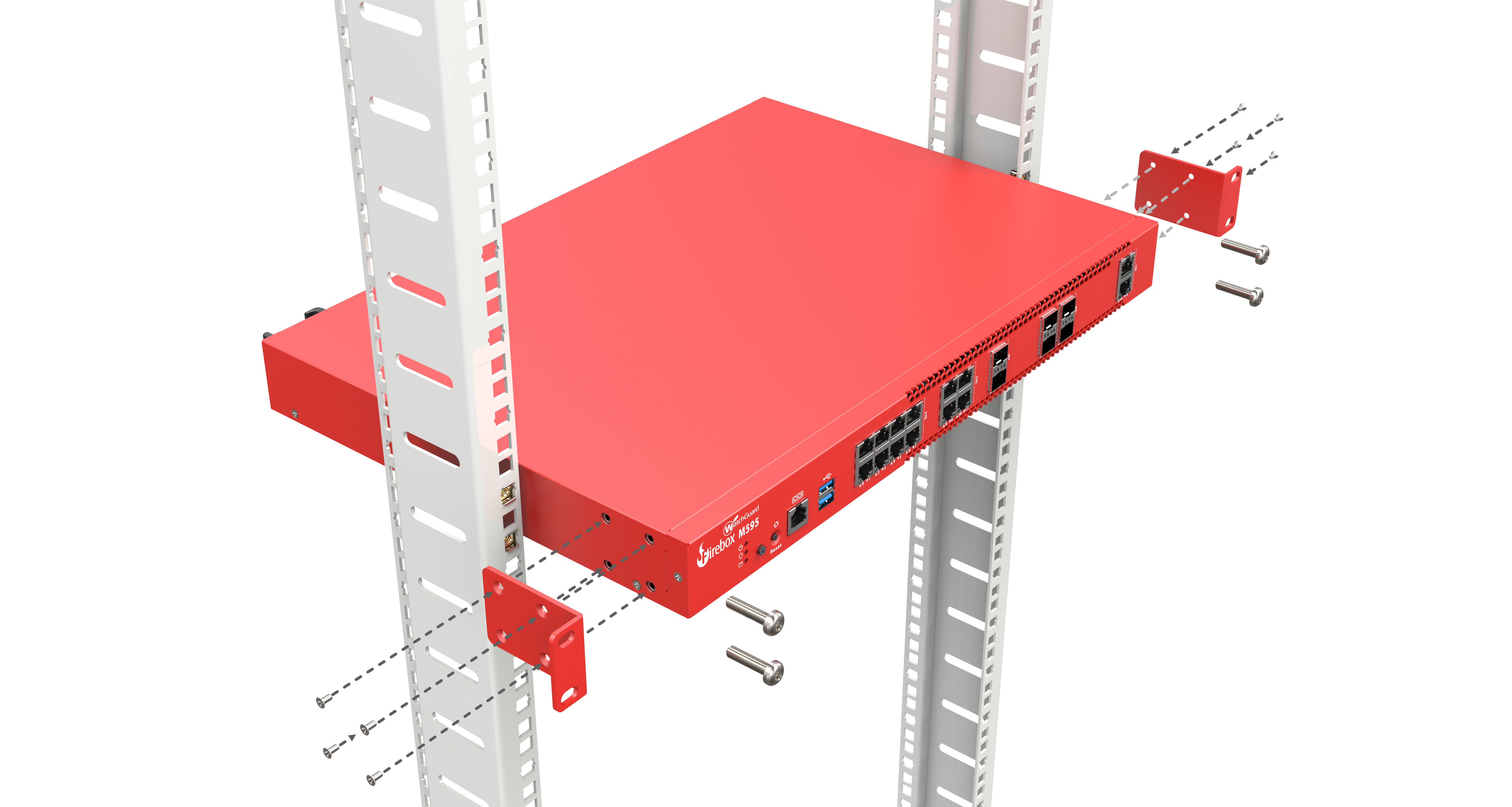 Diagram of Firebox rack ear bracket installation - Step 1