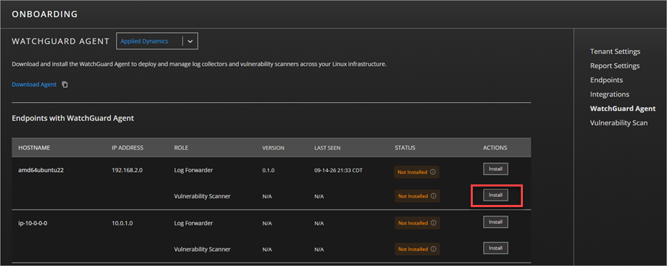 Screenshot of the WatchGuard Agent page
